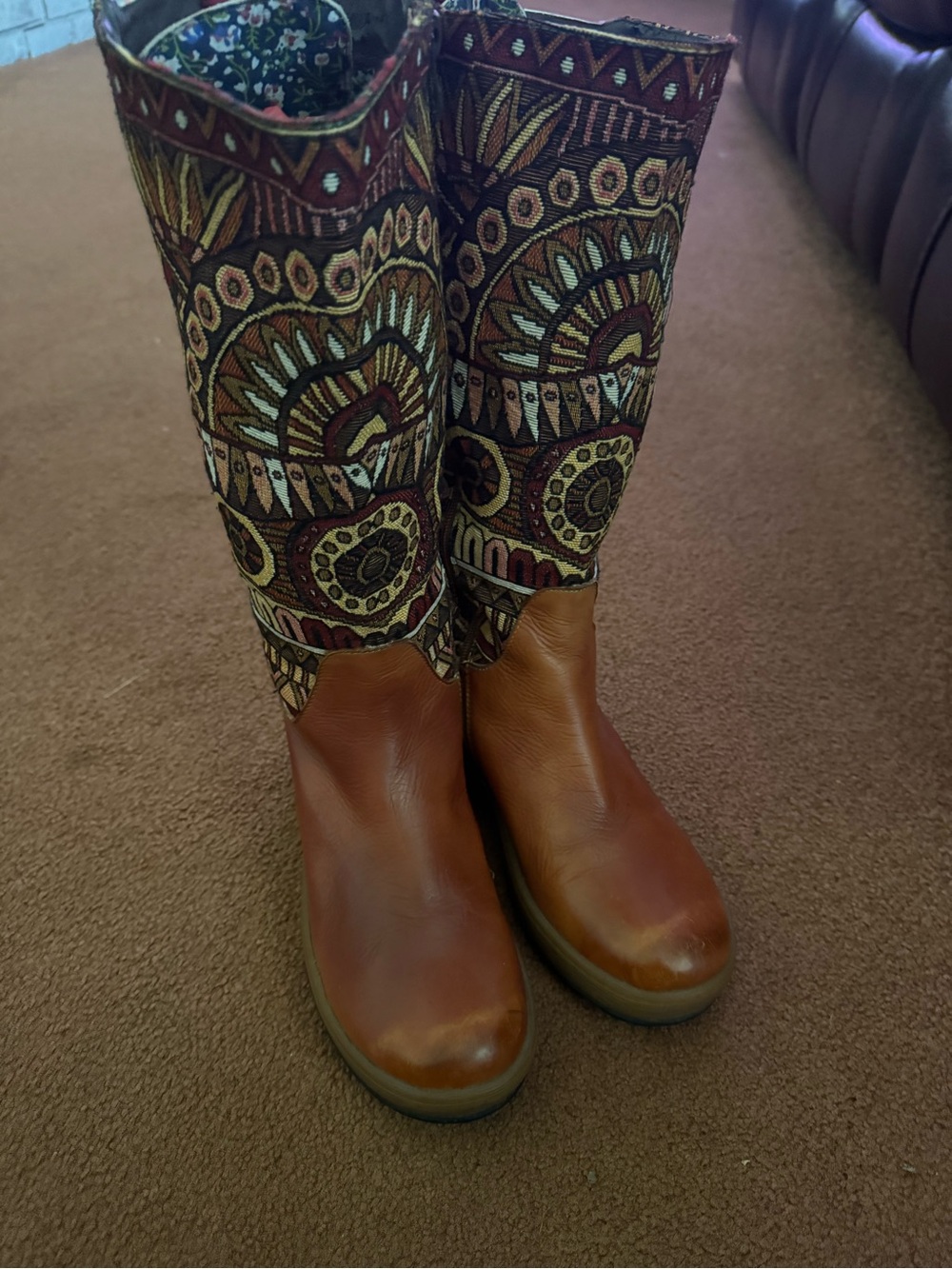 Women’s Tan Leather & Patterned Fabric Mid-Calf Heeled Boots measures 11 inch